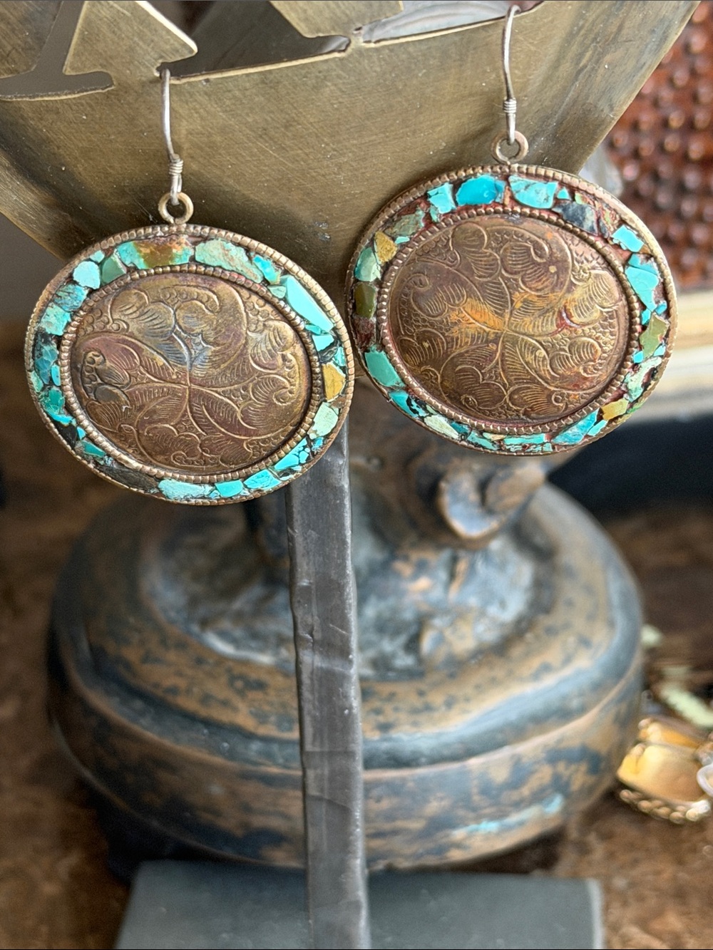 Vintage inlaid Turquoise etched shields Round Copper Drop Earrings pierced